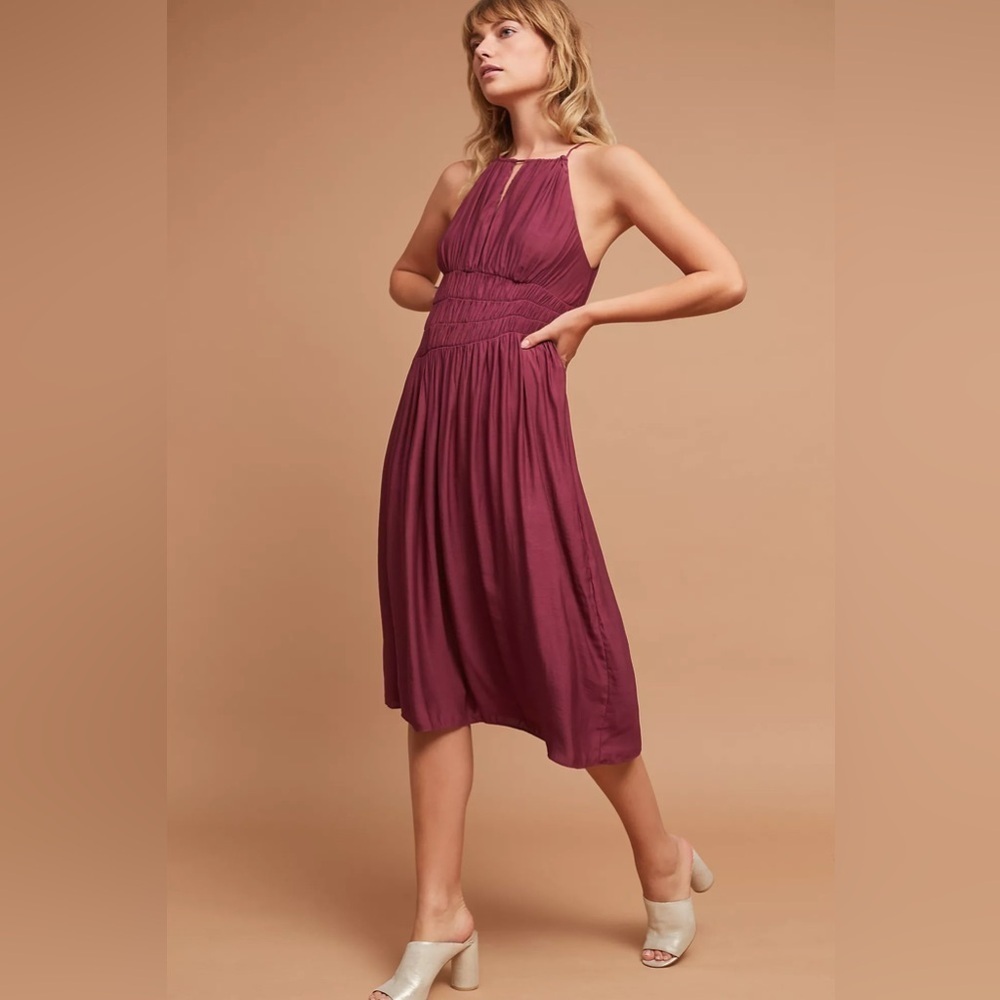 Anthropologie Moulinette Soeurs Smocked Halter Midi Dress, Burgundy, Size 0, EUC - Picture 2 of 7